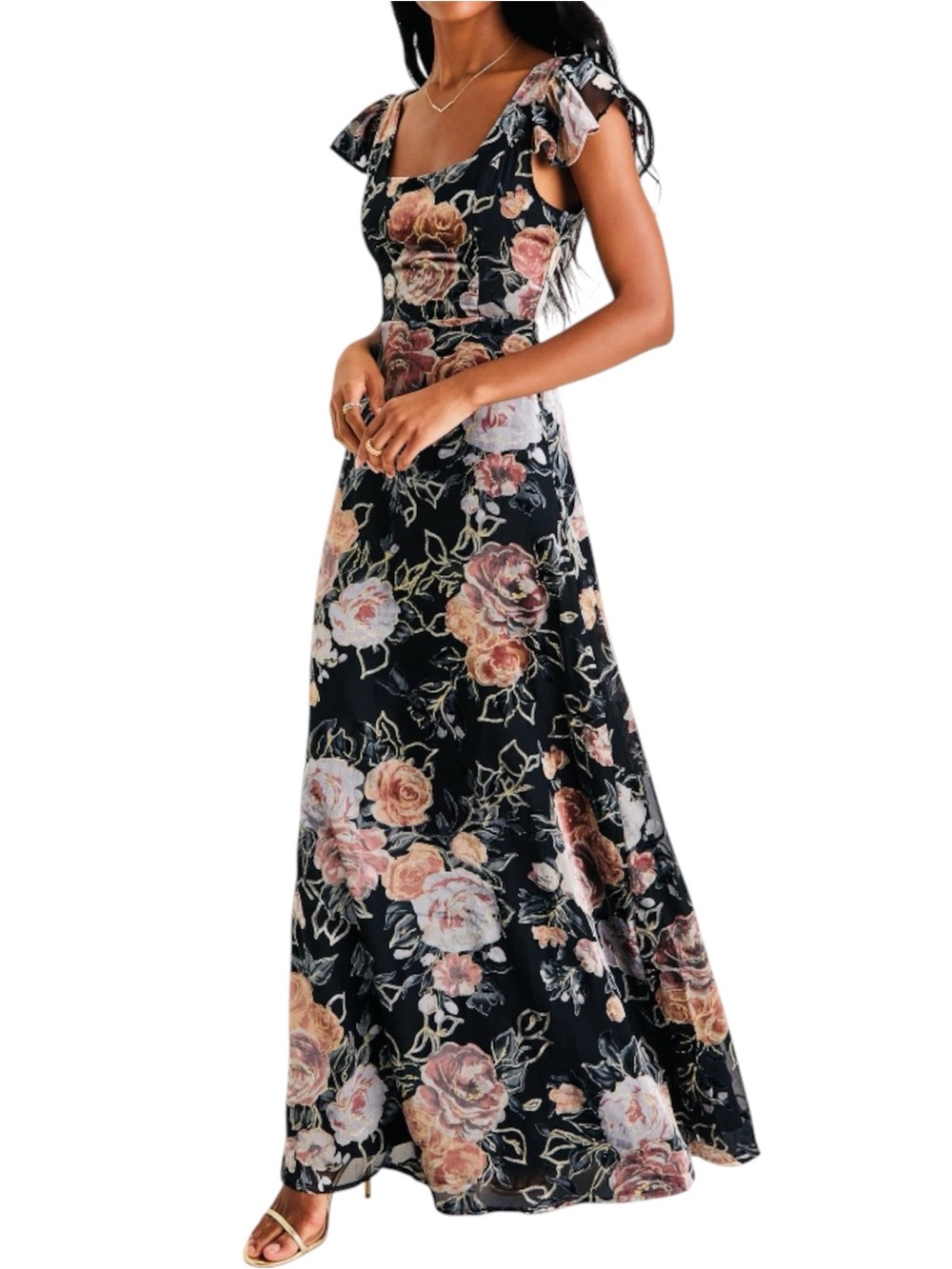 Lulus Black Floral Velvet Burnout Maxi Dress Large Dark Cottagecore Romance New